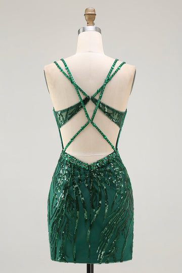 Sparkly Dark Green Bodycon Backless Short Corset Prom Dress with Sequins